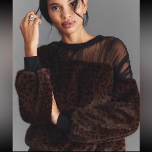 NWT Maeve Anthropologie Leopard Faux Fur Mesh Luxe Edgy Fashion Sweatshirt Large